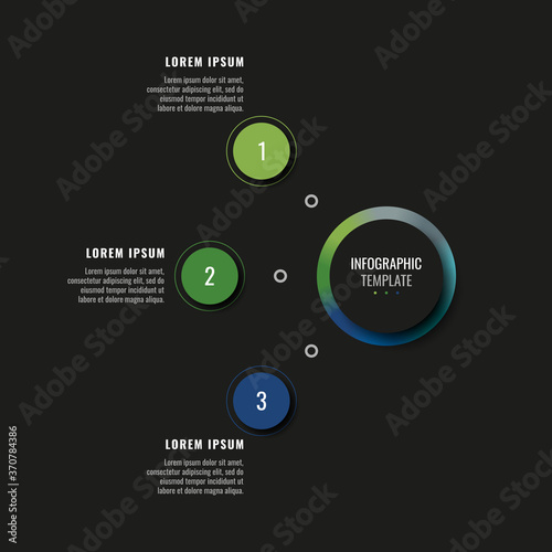 Modern infographic template with three round realistic elements on a black background. Horizontal business progress visualisation with options and descriptions. Vector illustration eps10