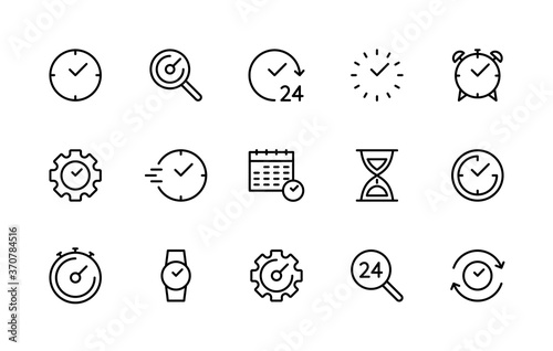 Time and clock linear vector icons set. Time management. Alarm clock, timer, speed, clock, stopwatch, time management, calendar and much more. Isolated collection of simple icons for web sites.