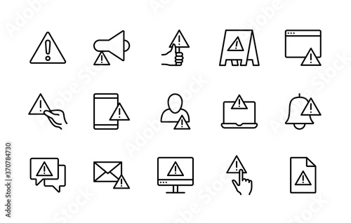 Warnings and attention vector linear icons set. Contains such icons as alert, exclamation mark, warning sign, danger, error, information and more. Isolated collection of alert for web sites.