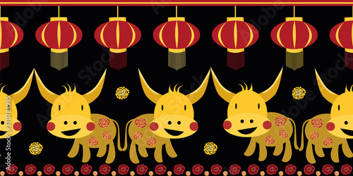 Vector Kawaii Chinese new year of the ox border background. Cute zodiac bull, lanterns, cut out peonies black,red bold banner.Symbol of 2021 on the calendar. Happy celebration concept for print.