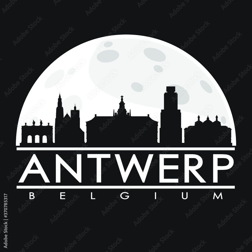 Antwerp Belgium Skyline City Flat Silhouette Design Background Moon.