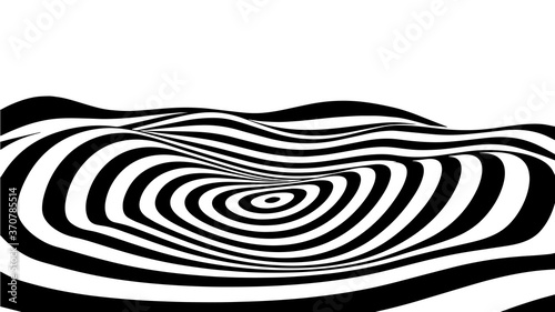 Optical illusion wave. Abstract 3d black and white illusions. Horizontal lines stripes pattern or background with wavy distortion effect. EPS 10. Vector illustration.