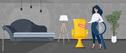 Girl shows on a vacant place. Gold cup in the shape of an office chair. The concept of open work. Suitable for registration on the topic of job search and workers. Vector.