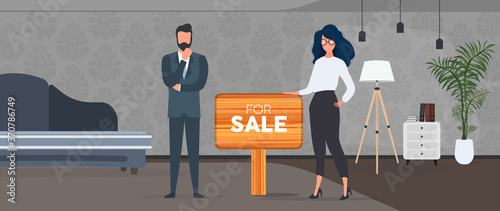Realtors with a For Sale sign. Girl and the man are realtors. Concept of selling apartments, houses and real estate. Vector.