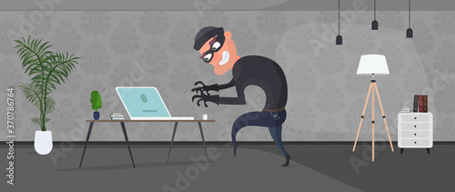 The thief entered the apartment and steals the laptop. An office robber steals data. Security and robbery concept. Vector.