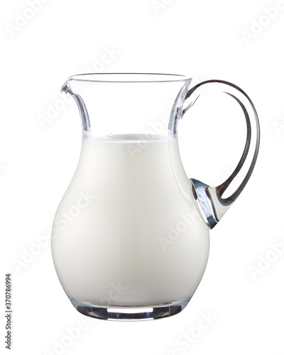 Glass jug with milk isolated on white background.