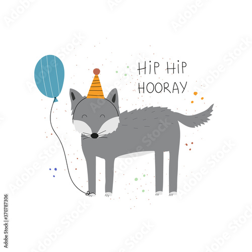 Hand drawn colorful kids birthday greeting card template. Cute wolf with balloon and text Hip Hop Horray. Flat vector illustration photo