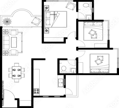 2D CAD layout plan drawing of a luxury condominium with a few numbers of bedrooms complete with two bathrooms, kitchen and living room. Drawing produced in black and white.