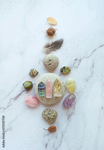 gemstones crystals on marble background. Witchcraft Ritual, energy healing minerals. Esoteric and life balance concept. place for witchcraft, relax