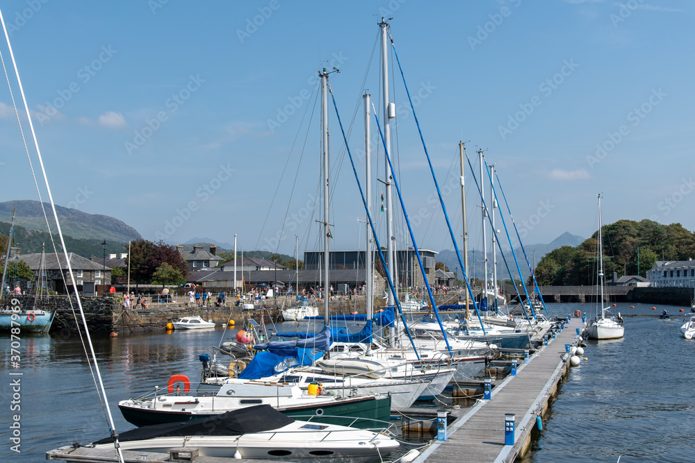 Porthmadog and surrounding beaches, marina with lots of yachts and boats at high tide. North Wales
