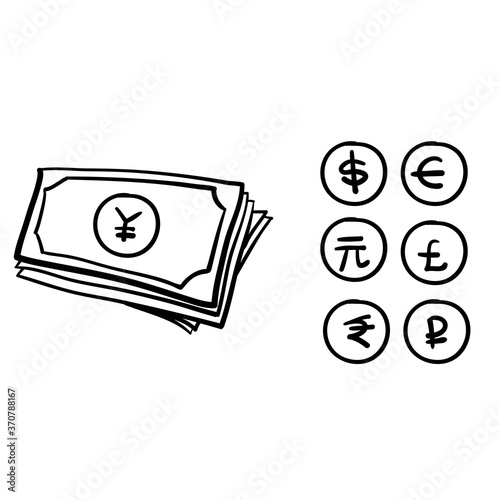 Set of hand drawn the most popular currency symbol. Dollar, euro, yen, yuan, pound, rupee, ruble signs doodle vector