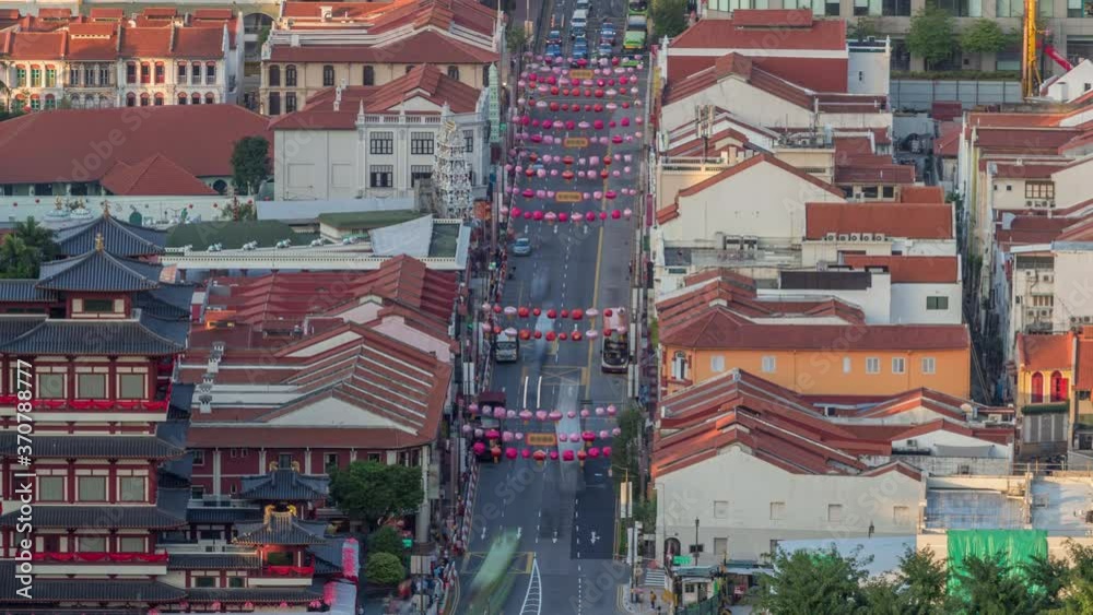 Aerial view of Chinatown with red roofs timelapse, Singapore. Vew from skybridge viewpoint with decorations and traffic on South Bridge road