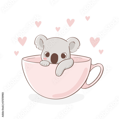 Cute little koala character sitting in pink cup hand drawn vector illustration. Can be used for t-shirt print, kids wear, fashion design, baby shower invitation card, poster, birthday, nursery photo