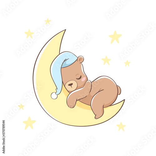 Cute little bear character sleeping on the moon hand drawn vector illustration. Can be used for t-shirt print, kids wear, fashion design, baby shower invitation card, poster, birthday, nursery