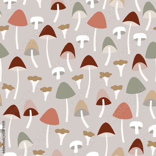 Seamless pattern with various colorful whole and cut mushrooms. Agaric, chanterelle and galerina fungi vector illustration background. Autumn tile design for textile, fabric and scrapbooking.