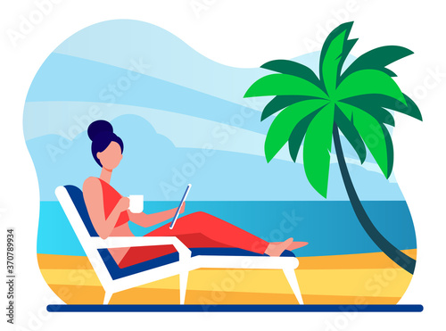 Woman sitting on beach chair by sea. Drinking coffee, using tablet, tropical resort flat vector illustration. Freelance, vacation, communication concept for banner, website design or landing web page © PCH.Vector