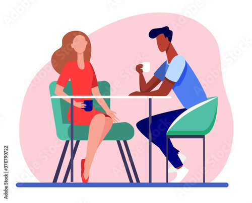 Couple dating in coffee shop. Young man and woman drinking coffee together flat vector illustration. Romantic meeting, romance concept for banner, website design or landing web page