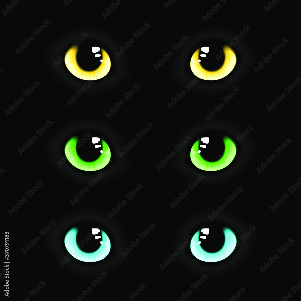 Yellow, green and blue cat eyes set isolated on black background. Vector illustration.