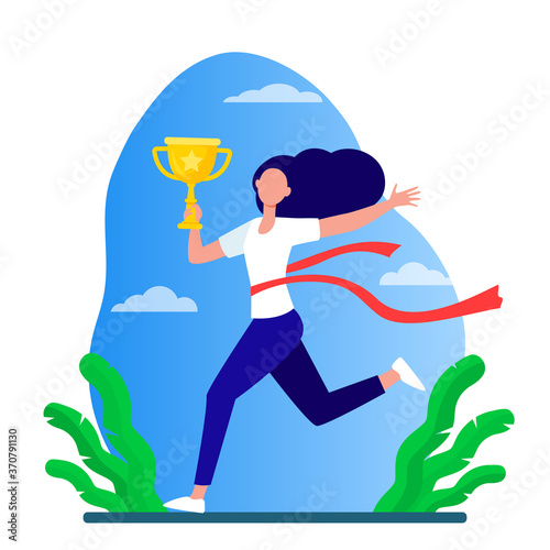 Running woman winning racing. Marathon leader holding cup, crossing line with red ribbon flat vector illustration. Competition, prize, trophy concept for banner, website design or landing web page