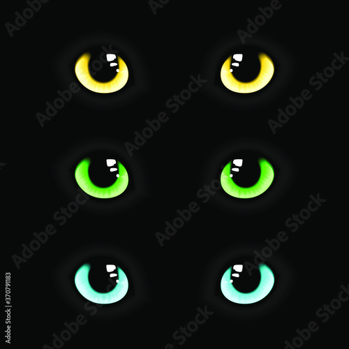 Yellow, green and blue cat eyes set isolated on black background. Vector illustration.