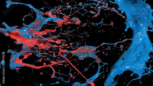 Splash of red and blue paint liquid in slow motion isolated on black (4K)