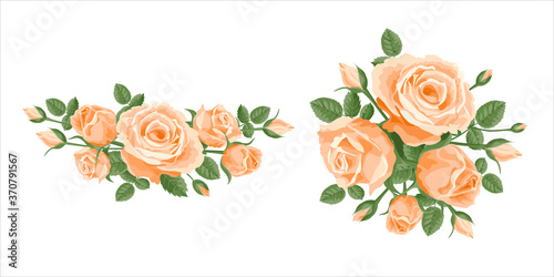Bouquet, garland of roses. Vector flower posy decoration for anniversary, cards, greetings. Valentine's day, mother's day. Salmon, apricot orange roses with leaves in a bunch bouquet, frame, corner