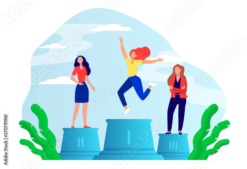 Three leaders standing on podium. Winner celebrating success, second and third place flat vector illustration. Competition, prize, success concept for banner, website design or landing web page