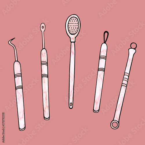 Facial cleansing kit hand drawn color icons set. Manual tools remove acne cartoon illustration. Needles, loops, tweezers. Vector single element in doodle style isolated on dark pink background