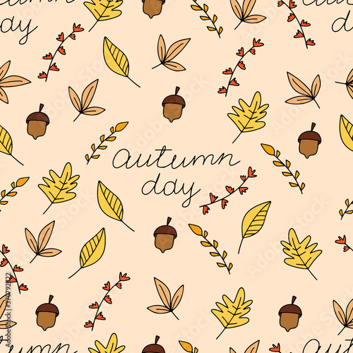 Autumn colorful seamless stylized leaves pattern in doodle style. Seamless decorative template texture with leaves. Used clipping mask for easy editing.