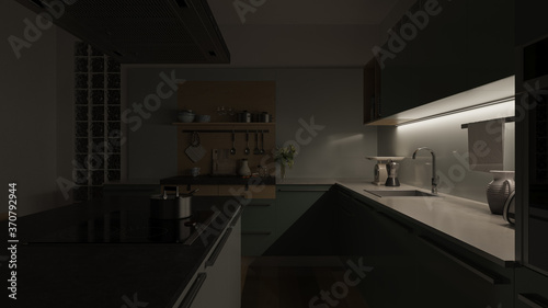 Nighttime Rendering of a Dimly Illuminated Kitchen 3D Rendering © beysim