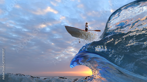 Obraz na plátně brave businesswoman flies through the waves on a boat
