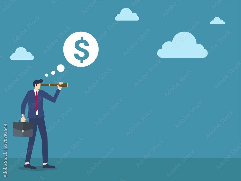 businessman using binoculars looking into future thinking of big money vector illustration businessman using binoculars looking into future thinking of big money vector illustration
