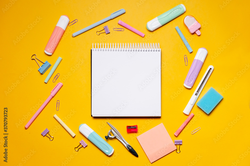 Back to school concept. Top horizontal view copyspace.Zoom educational background. Pen, Pencil, Pencils, Eraser, Paper Clip, School Supplies. Back to school concept. Top horizontal view copyspace.Zoom educational background. Pen, Pencil, Pencils, Eraser, Paper Clip, School Supplies.