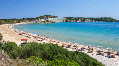 Picturesque sandy Gerakas beach - a breeding site of the caretta sea turtles, situated on Vassilikos peninsula of Zakynthos island on Ionian Sea, Greece.