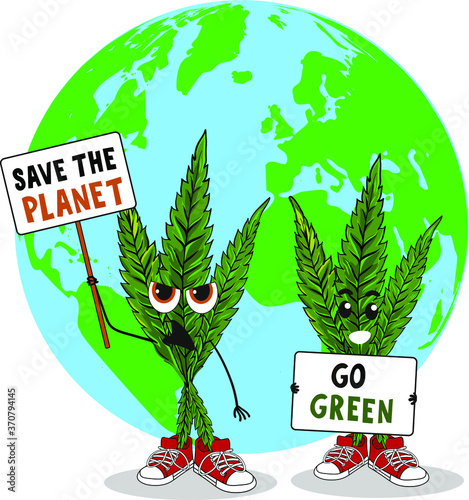 Hemp characters with placards and posters on strike for climate change. Cannabis holding in his hand poster with text save the planet and go green. Copy space. Template for any proecological  text