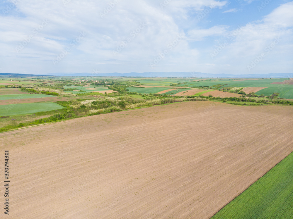 Arable land and nature in the plains of Vojvodina. Aerial photography.
