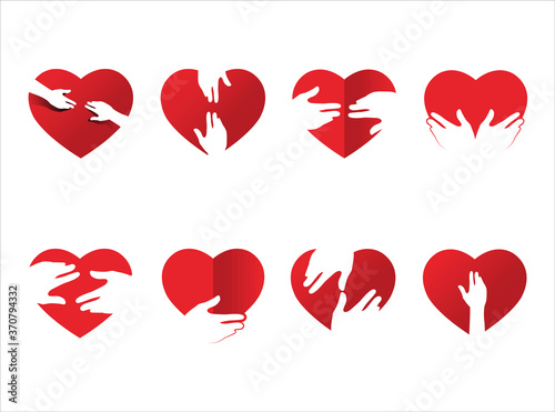 set of beautiful simple clean minimal vector of Love Give Care Help Heal Holding Protect Charity Donation CSR concept, modern symbol logo of shading red heart with hands in various pose style,