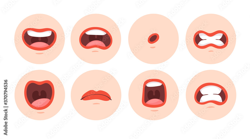 Set of animation female funny cartoon mouths with different expressions and  emotions: smile, angry, laugh, surprised. Vector flat red lips speaking  articulation, pronunciation signs isolated on white Stock Vector | Adobe  Stock