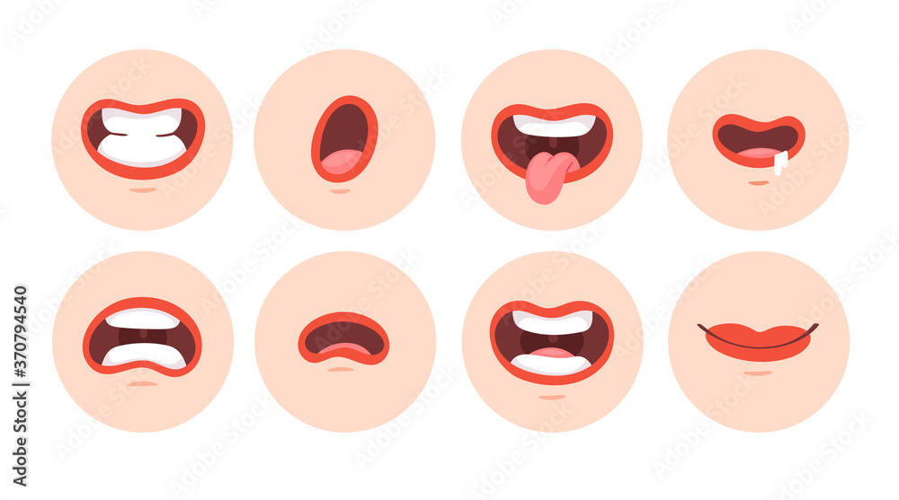 Set of animation female funny cartoon mouths with different expressions and emotions: smile, angry, laugh, surprised. Vector flat red lips speaking articulation, pronunciation signs isolated on white Set of animation female funny cartoon mouths with different expressions and emotions: smile, angry, laugh, surprised. Vector flat red lips speaking articulation, pronunciation signs isolated on white