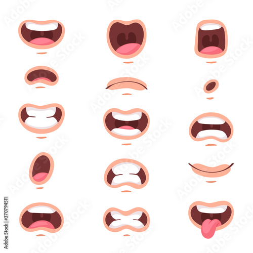 Big set of animation funny cartoon mouths with different expressions and emotions: smile, angry, laugh, surprised. Vector flat lips speaking articulation, english pronunciation signs isolated on white