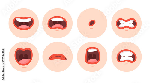 Set of animation female funny cartoon mouths with different expressions and emotions: smile, angry, laugh, surprised. Vector flat red lips speaking articulation,  pronunciation signs isolated on white