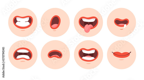 Set of animation female funny cartoon mouths with different expressions and emotions: smile, angry, laugh, surprised. Vector flat red lips speaking articulation,  pronunciation signs isolated on white