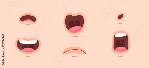 Big set of animation funny cartoon mouths with different expressions and emotions: smile, angry, laugh, surprised. Vector flat lips speaking articulation, english pronunciation signs isolated on white