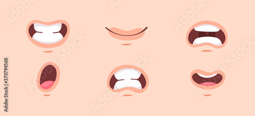 Big set of animation funny cartoon mouths with different expressions and emotions: smile, angry, laugh, surprised. Vector flat lips speaking articulation, english pronunciation signs isolated on white