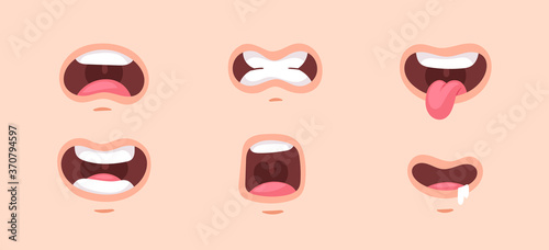 Big set of animation funny cartoon mouths with different expressions and emotions: smile, angry, laugh, surprised. Vector flat lips speaking articulation, english pronunciation signs isolated on white