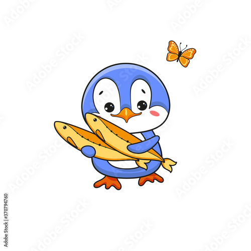 Cute penguin with a fish. Vector Illustration.