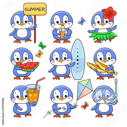 Cute summer fun penguin set. Vector Illustration. Diving, kite, ice cream party, Hawaii costume, fishing, drink, surf, celebrate, travel, tourism, sports activities.