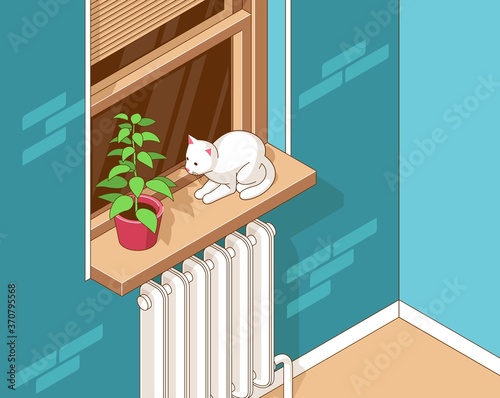 Cat is sitting on windowsill by window next to a house plant. Vector isometric illustration.