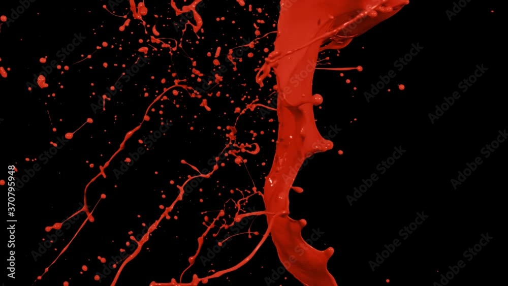 Red paint splash thrown in slow motion, liquid isolated on black (4K)