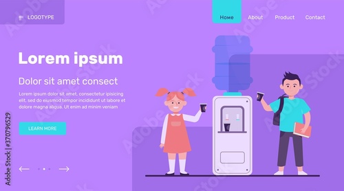 Happy children drinking water at cooler. Students, boy and girl, school hallway flat vector illustration. Beverage, refreshment, watercooler concept for banner, website design or landing web page